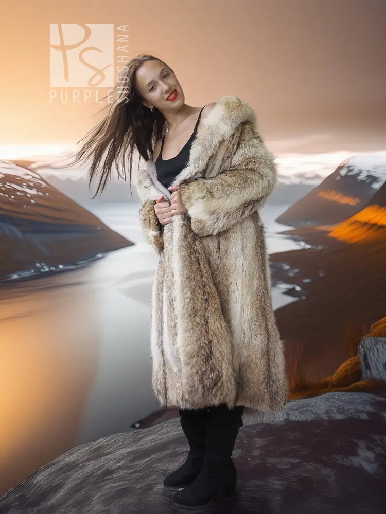 Tan coyote fur coat with shawl collar, long sleeves, open front, front fur panel