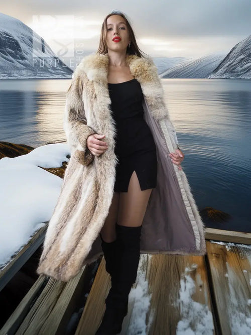 Vintage coyote fur coat with shawl collar, open front, long sleeves, light tan