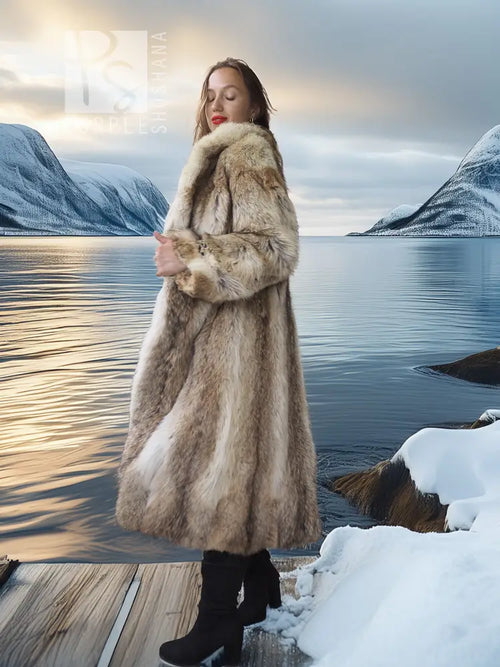 Vintage coyote fur coat, front view, shawl collar and long sleeves, tan fur