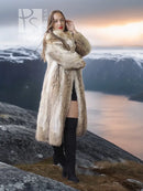 Vintage coyote fur coat with shawl collar, open front, long sleeves, close full-length