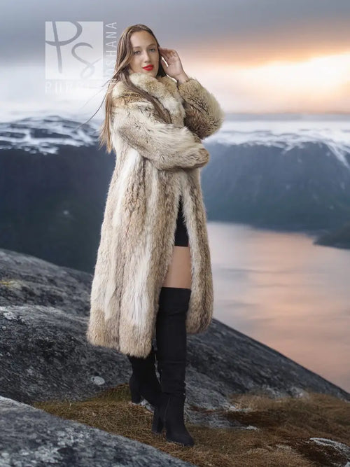 Vintage coyote fur coat with shawl collar, open front, long sleeves, close full-length
