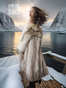 Vintage coyote fur coat, side view, wide shawl collar and long sleeves, tan fur