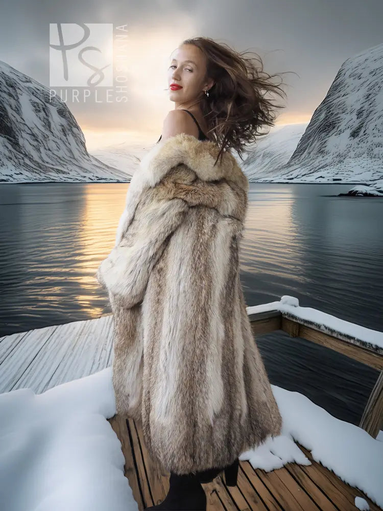 Vintage coyote fur coat, side view, wide shawl collar and long sleeves, tan fur