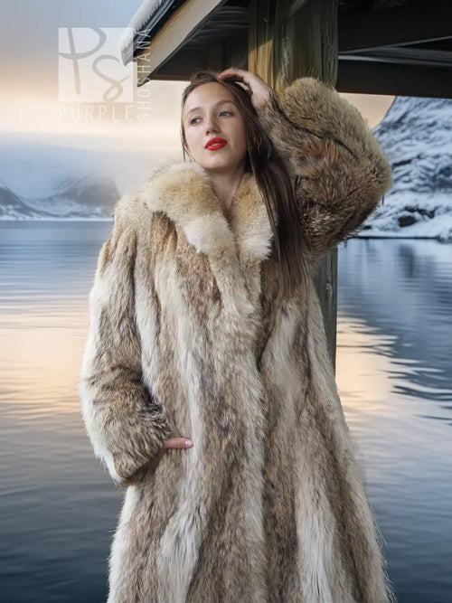 Vintage coyote fur coat with shawl collar, long sleeves, tan fur, side-front view
