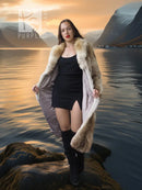 Vintage coyote fur coat with shawl collar, open front, long sleeves, angled view