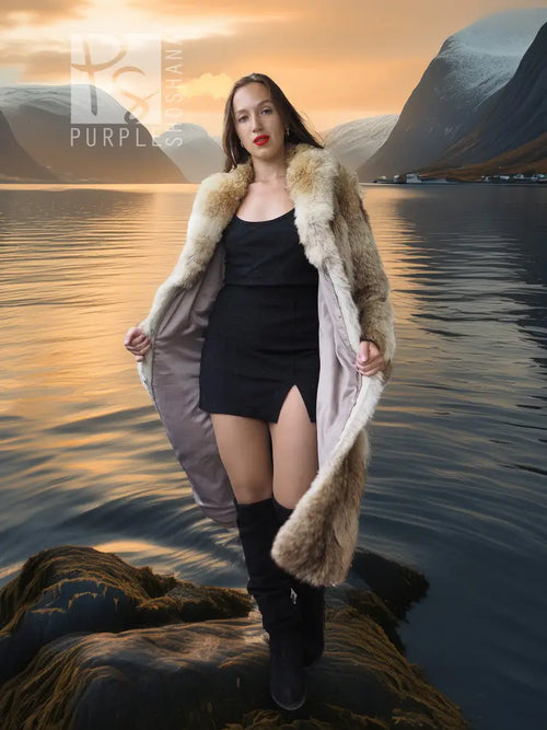 Vintage coyote fur coat with shawl collar, open front, long sleeves, angled view