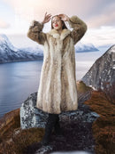 Vintage coyote fur coat with shawl collar, open front, long sleeves, front view