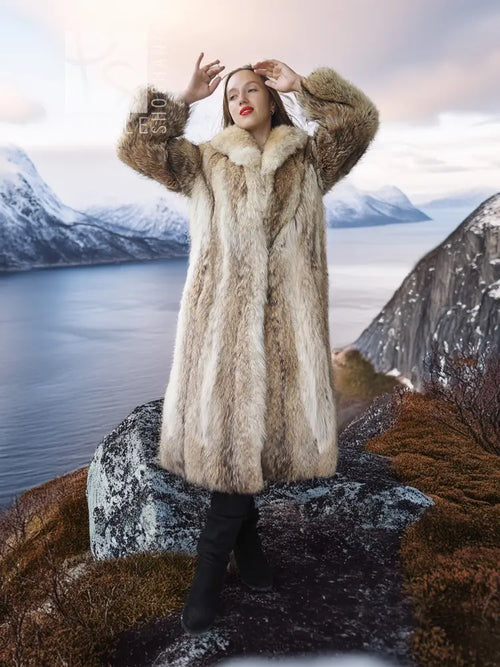 Vintage coyote fur coat with shawl collar, open front, long sleeves, front view