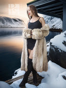 Coyote fur coat with shawl collar detail, wide cuffs, open front, long length