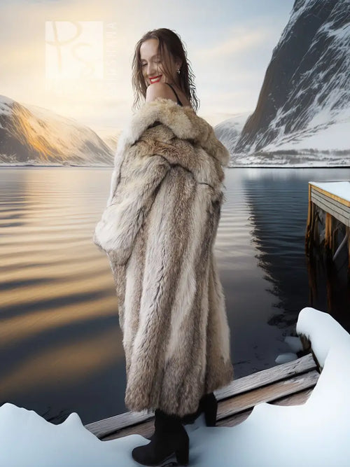 Cream coyote fur coat with shawl collar, long sleeves, open front, ankle length