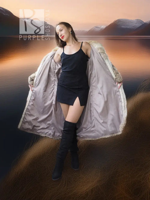 Vintage coyote fur coat with shawl collar, open front, long sleeves, flowing shape