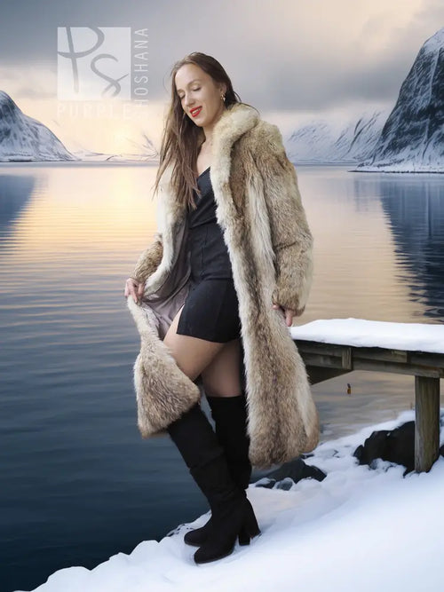 Vintage coyote fur coat with shawl collar, open front, long fluffy light tan sleeves