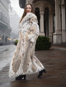 Spotted plush fur coat with shawl collar, long sleeves, long length, brown and black spots