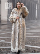 Long plush spotted fur coat with shawl collar, relaxed fit and open front
