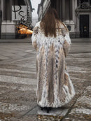 Back view spotted plush fur coat with shawl collar, long full length