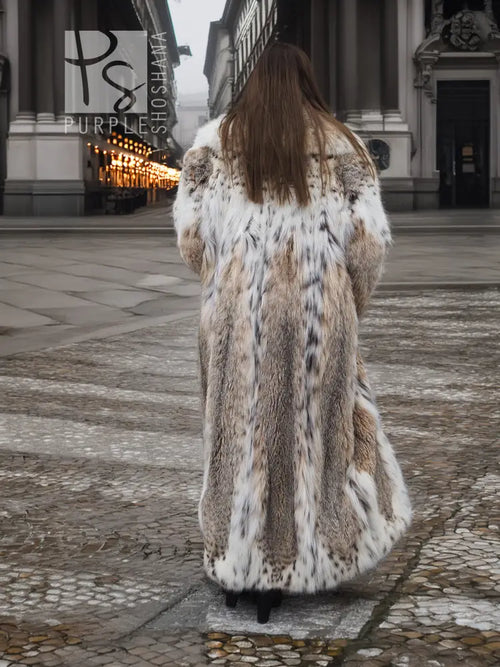 Back view spotted plush fur coat with shawl collar, long full length