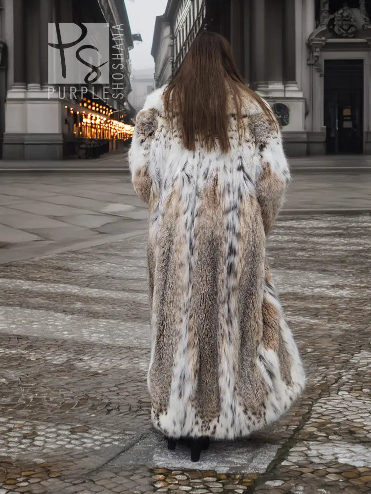 Back view spotted plush fur coat with shawl collar, long full length