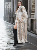 Cream and brown spotted plush fur coat with shawl collar, mid-calf length