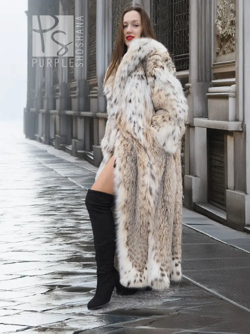 Cream and brown spotted plush fur coat with shawl collar, mid-calf length