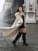 Cream and brown spotted plush fur coat with shawl collar, long open front