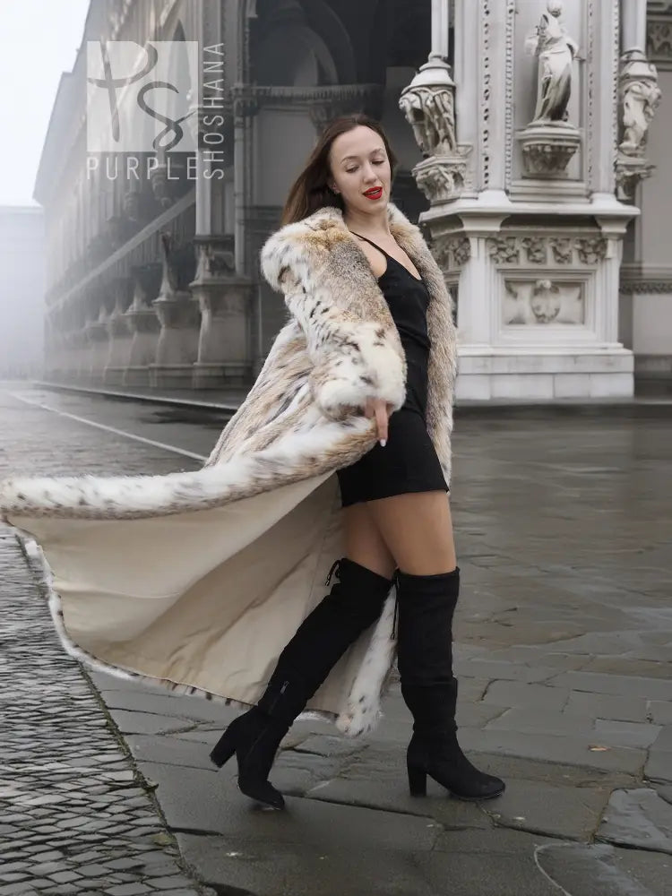 Cream and brown spotted plush fur coat with shawl collar, long open front
