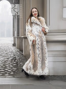 Cream spotted plush fur coat with shawl collar, long length, open front