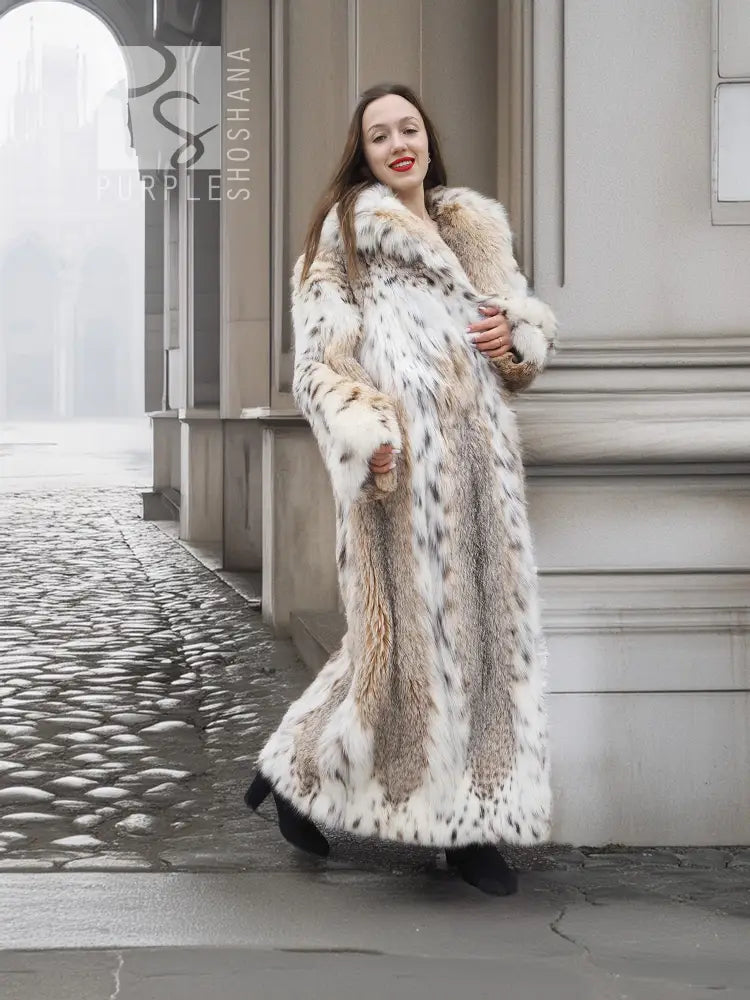 Cream spotted plush fur coat with shawl collar, long length, open front