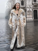 Cream and brown spotted plush fur coat with shawl collar, long open front