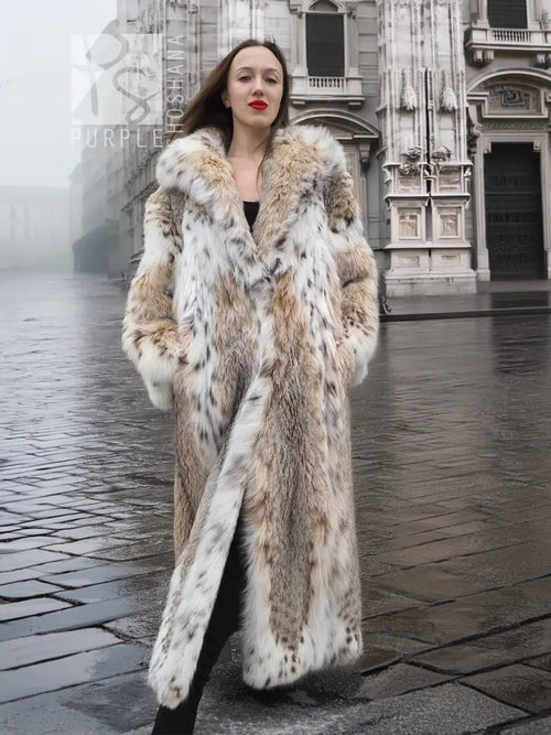 Cream and brown spotted plush fur coat with shawl collar, long open front