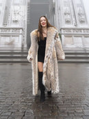 Cream spotted plush fur coat with shawl collar and long sleeves