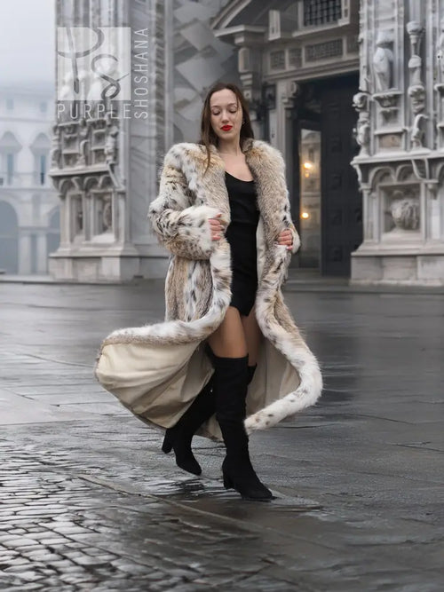 Long spotted plush fur coat with shawl collar, open sides, beige base with dark speckles