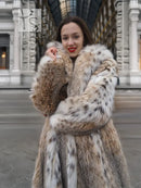 Cream and brown spotted plush fur coat with shawl collar, long sleeves