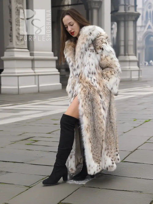 Spotted plush fur coat with shawl collar, long length, open front