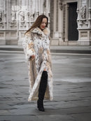 Spotted plush fur coat with shawl collar, long length, open front