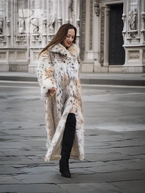 Spotted plush fur coat with shawl collar, long length, open front