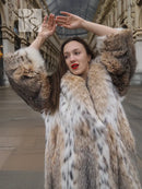 Spotted fur coat collar and cuffs, plush cream base with dark speckled pattern