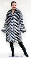 Genuine chinchilla fur coat, hooded gray with striped quilted pattern, front view