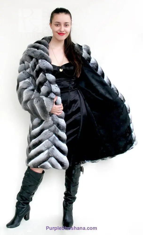 Genuine chinchilla fur coat, hooded gray with striped texture, open front over black dress