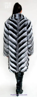 Genuine chinchilla fur coat, hooded gray with back chevron stripe pattern, back view
