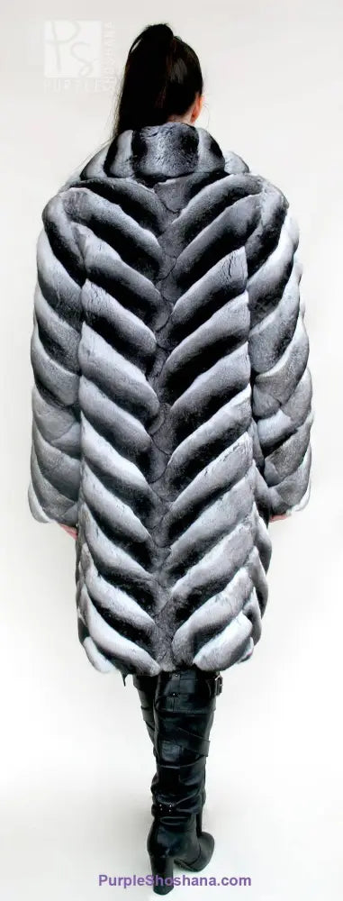 Genuine chinchilla fur coat, hooded gray with back chevron stripe pattern, back view