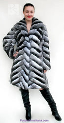 Genuine chinchilla fur coat, hooded gray with sculpted stripe pattern, front view