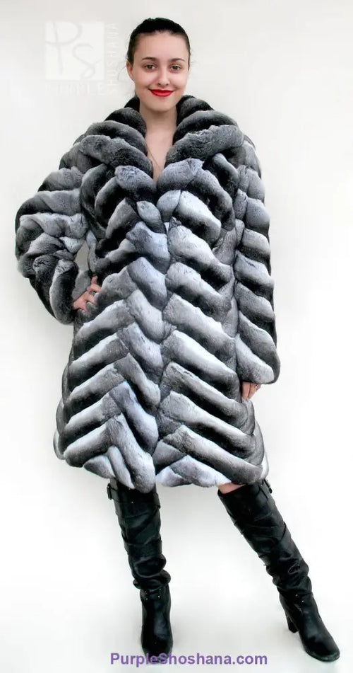 Genuine chinchilla fur coat, hooded gray with sculpted stripe pattern, front view