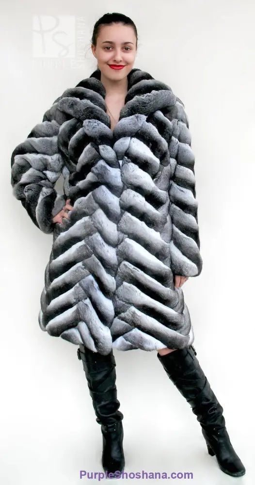 Genuine chinchilla fur coat, hooded gray with sculpted stripe pattern, front view