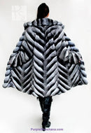 Genuine chinchilla fur coat, hooded gray with voluminous striped panels, back view