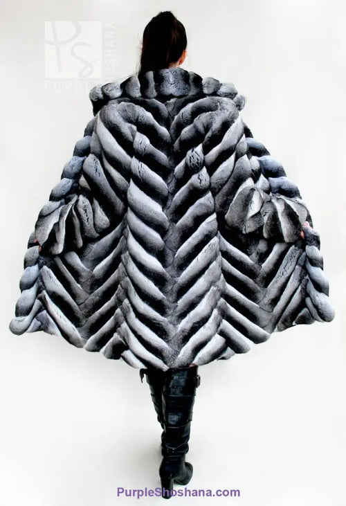 Genuine chinchilla fur coat, hooded gray with voluminous striped panels, back view