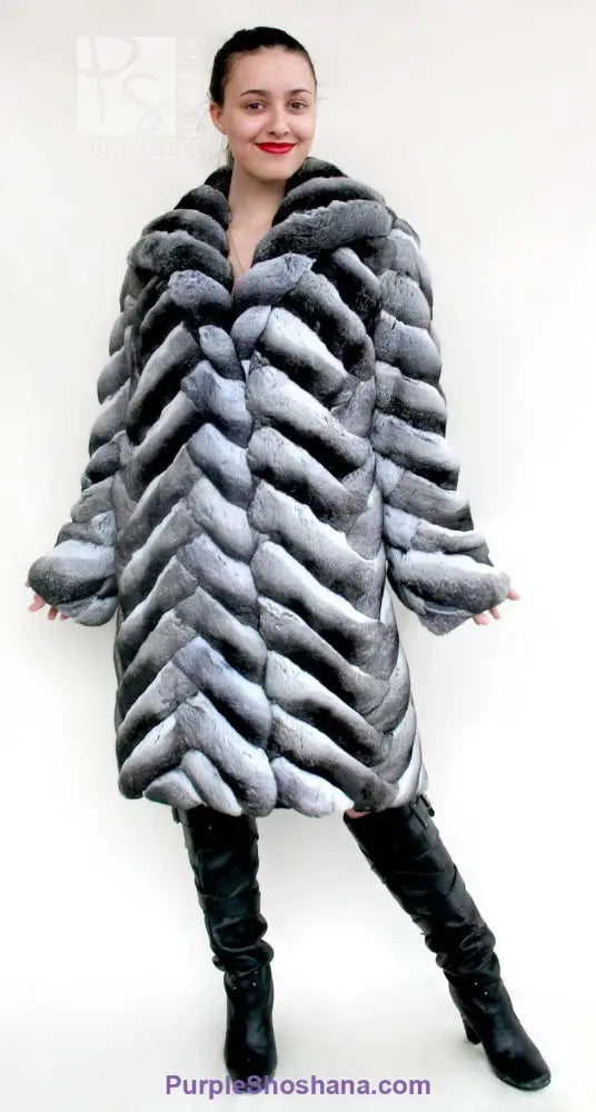 Chinchilla fur coat with sculpted striped pile, open front, oversized standing collar