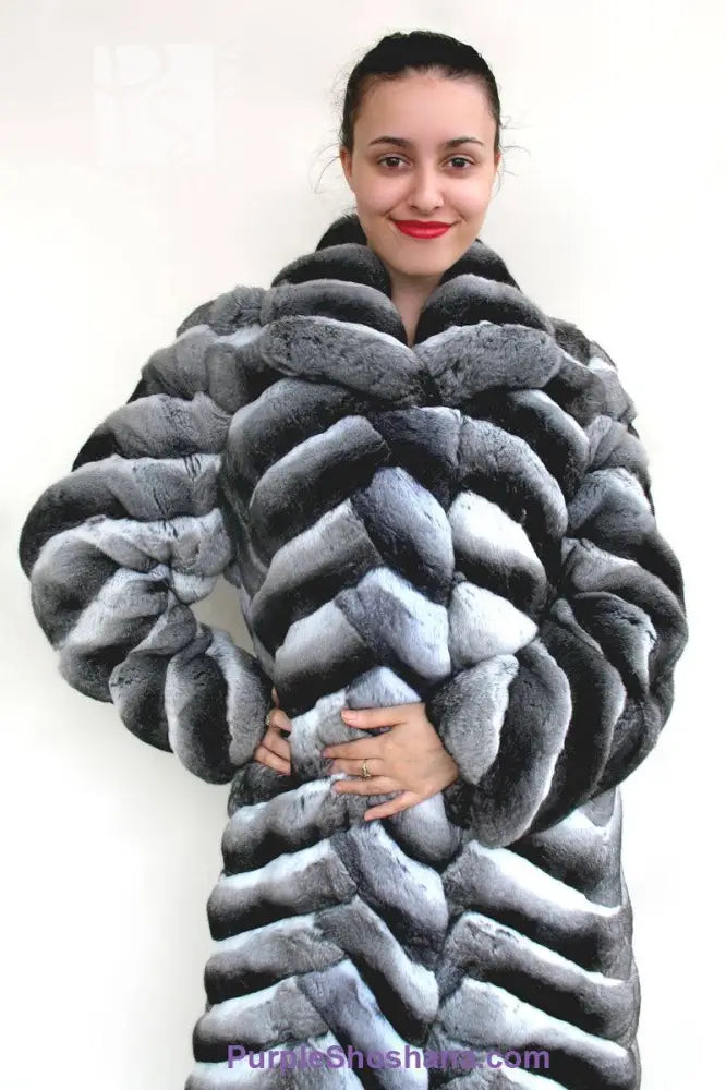 Genuine chinchilla fur coat, hooded gray with thick striped texture, close-up hood view
