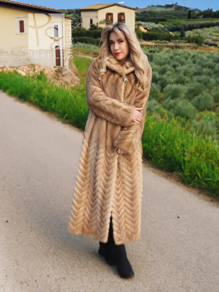 Stunning Pastel Canadian Mink Fur Coat Herring Bone Design 50" Long M