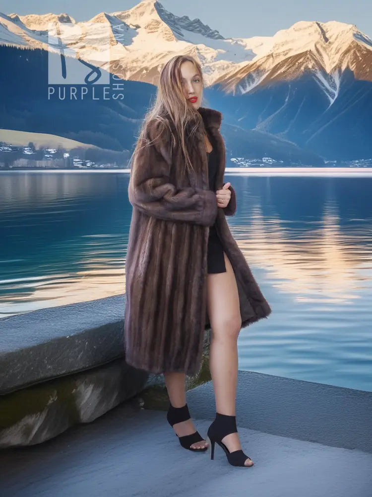 Dark brown fur hooded coat with open front and hooded collar