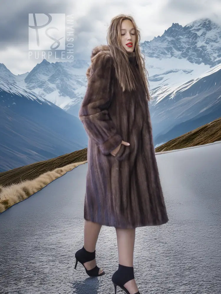 Dark brown fur hooded coat with hood up and mid-thigh length hem